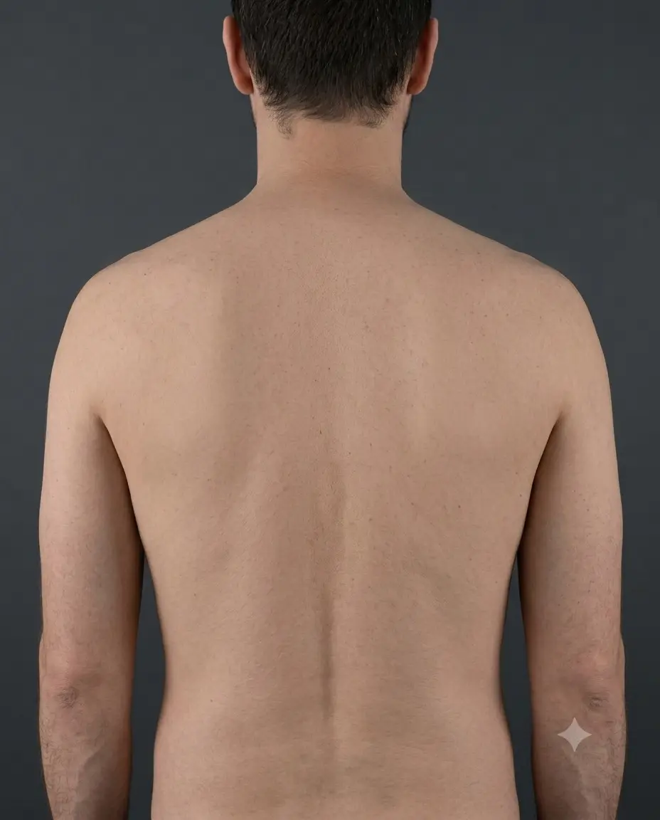 The same man photographed from behind after back and shoulder waxing, the back and shoulders now smooth