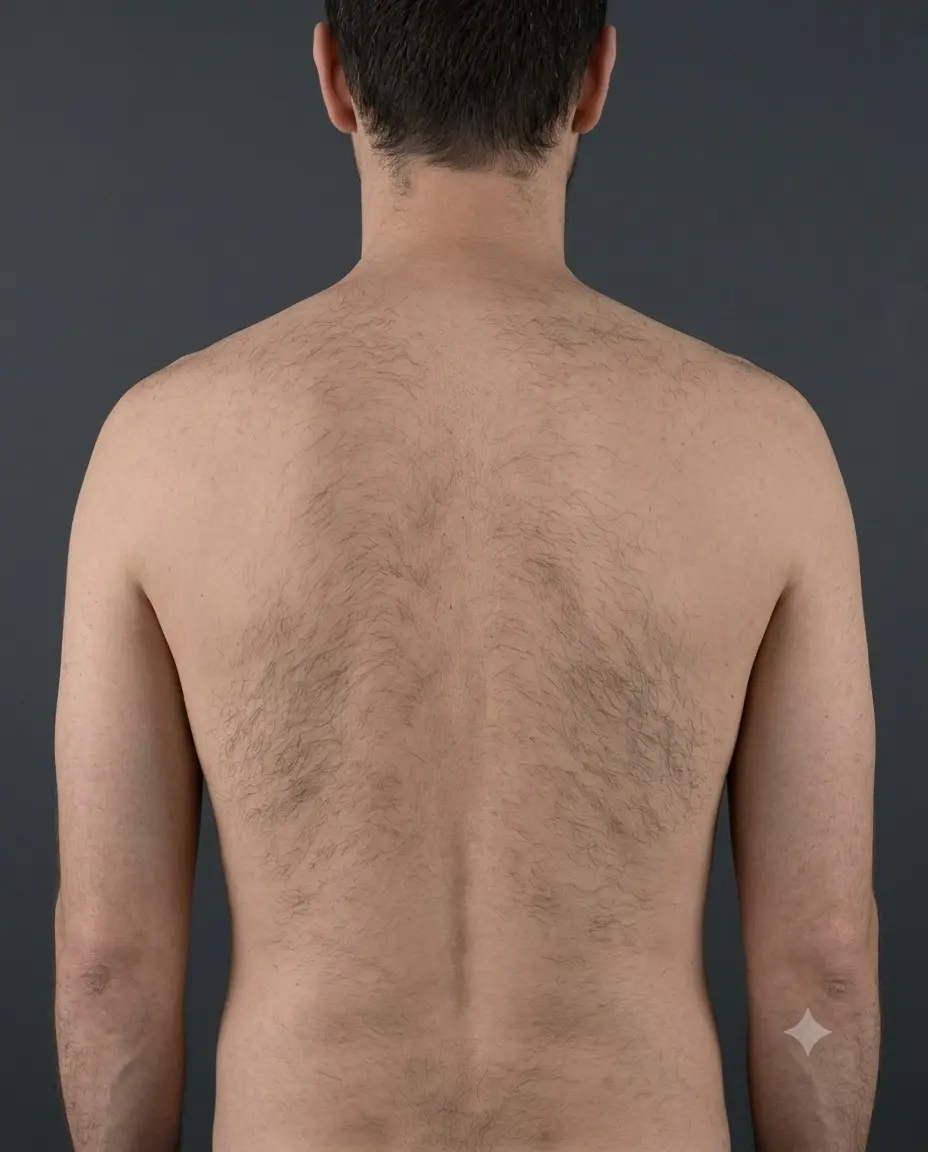 A man photographed from behind before back and shoulder waxing, with dark hair across the shoulder blades and lower back