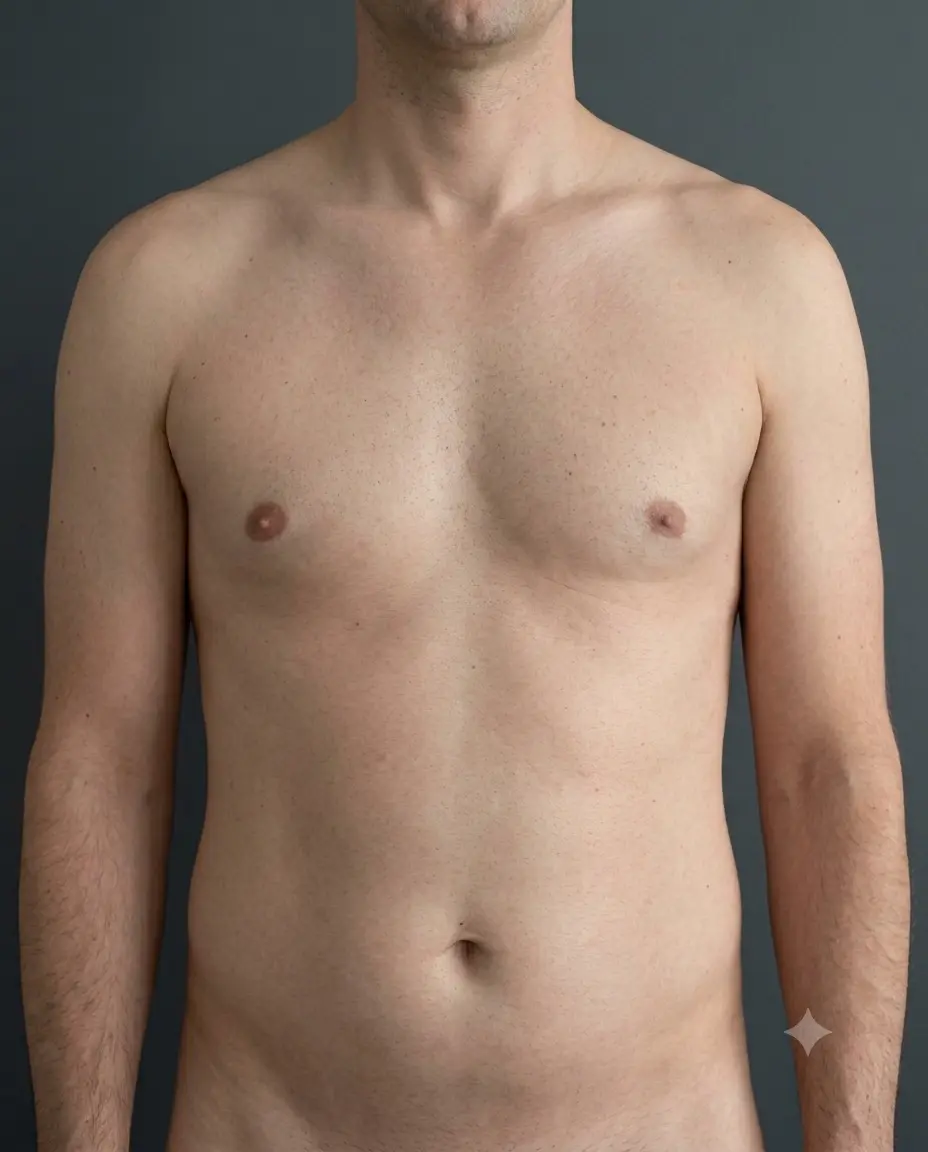 The same man photographed from the front after chest and stomach waxing, the chest and stomach now smooth