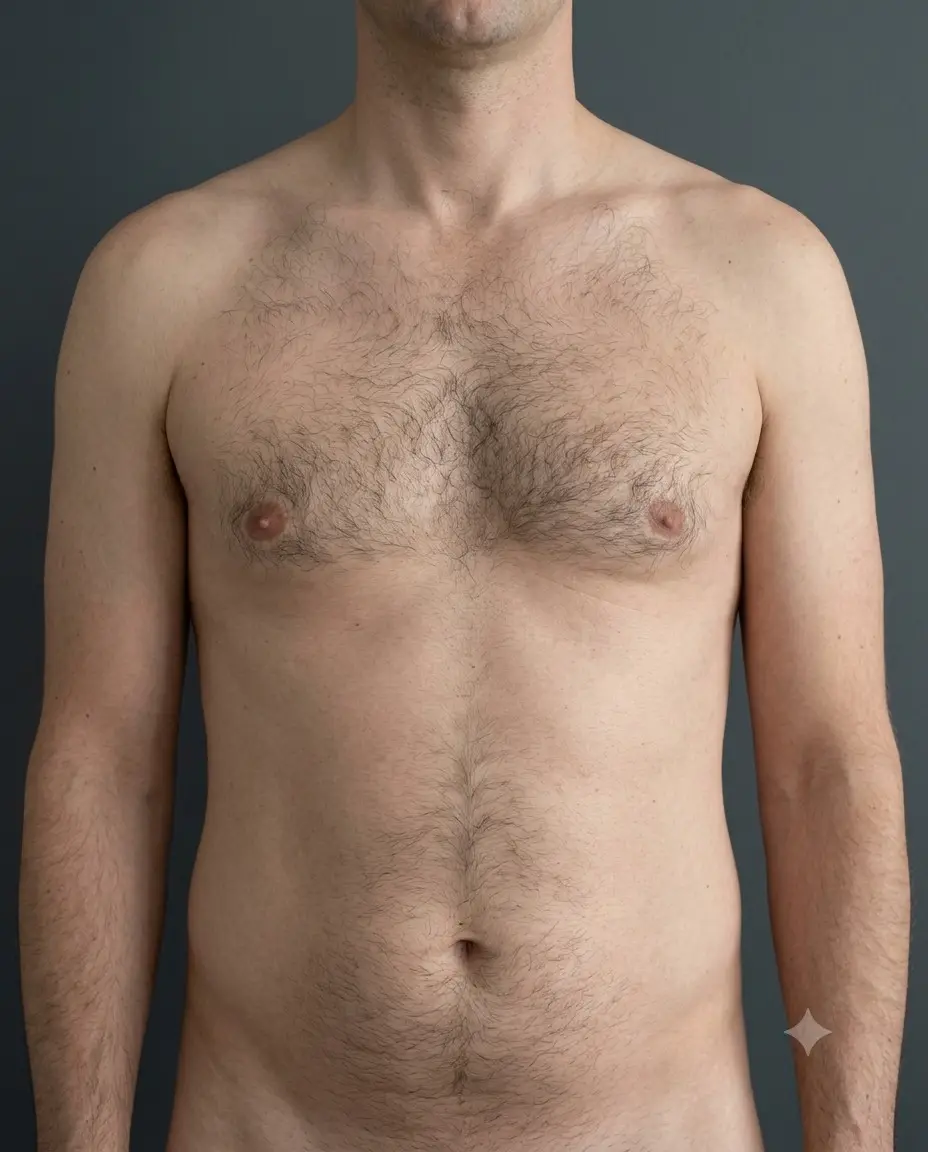 A man photographed from the front before chest and stomach waxing, with dark hair across the chest and down the stomach