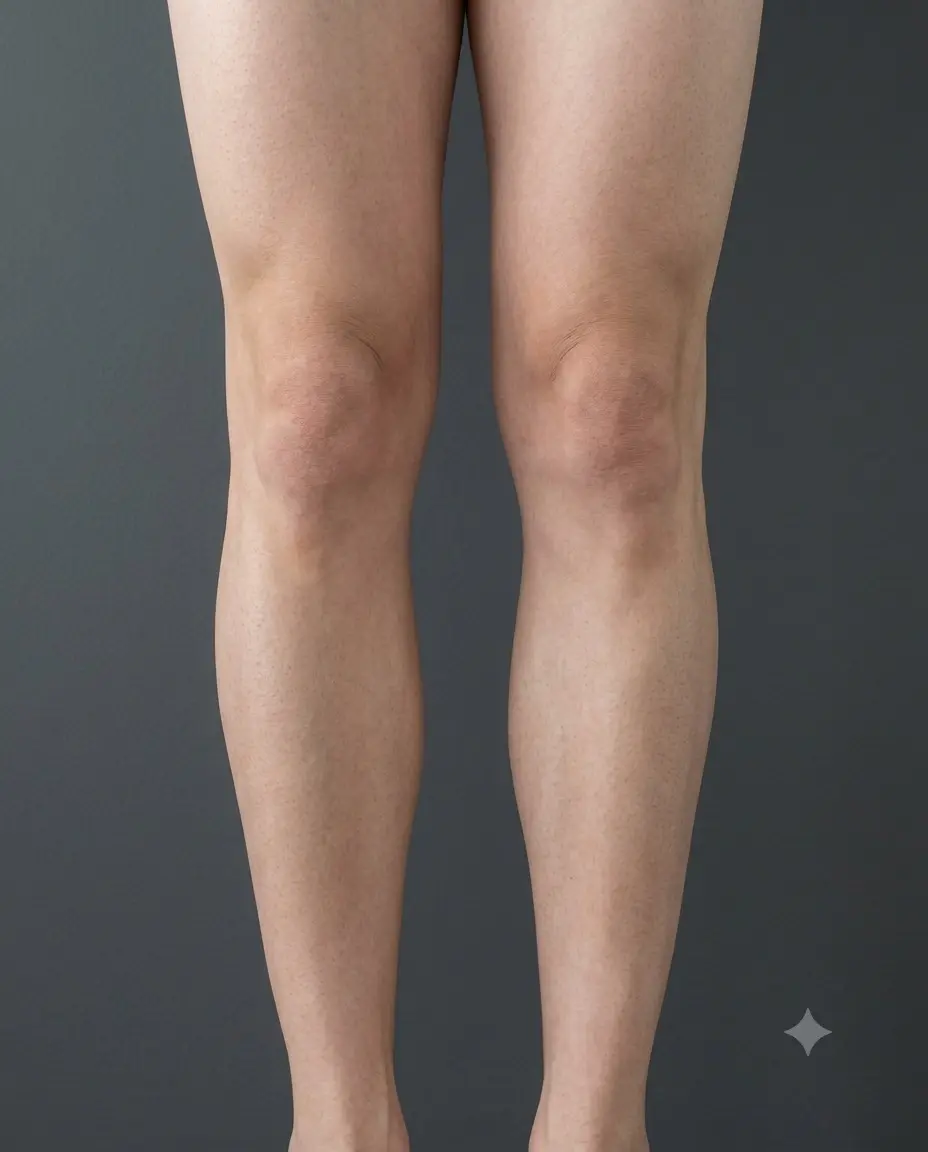 The same lower legs photographed from the front after waxing, the shins and calves now smooth