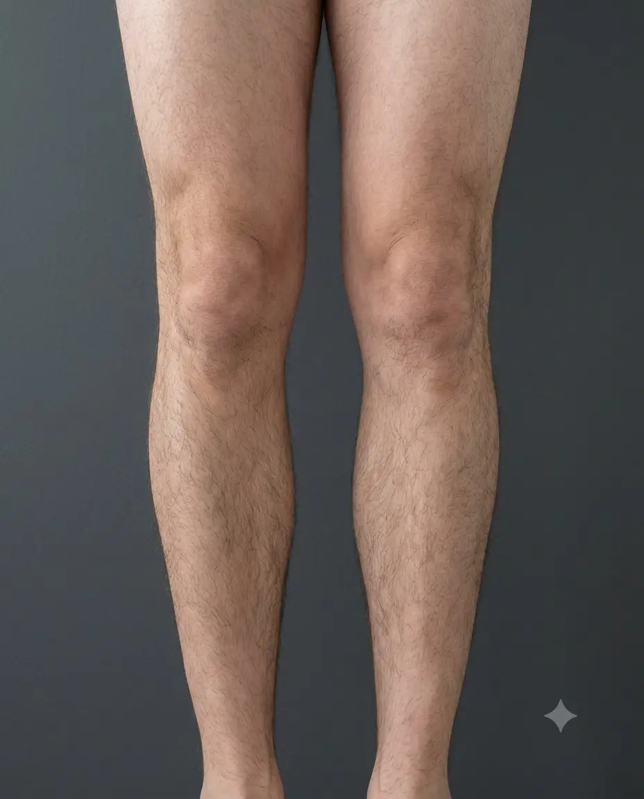 A man's lower legs photographed from the front before waxing, with dark hair on the shins and calves